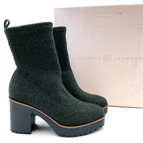 Chinese Laundry Garvey Sock Boots Olive Chill Knit Block Heel Ankle Sz 6.5 - Picture 2 of 9